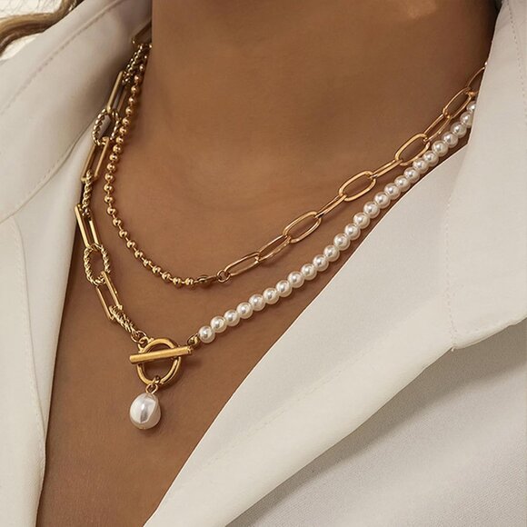 Layered Gold Necklace for Women Non Tarnish Paperclip Pearl Pendant Jewelry Set - Picture 4 of 7